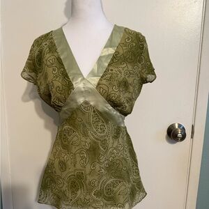 Elegant Olive Paisley V-Neck Blouse